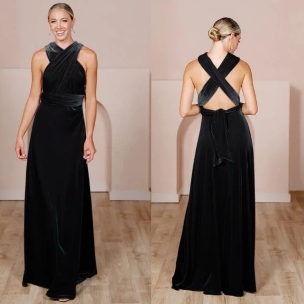 Revelry Micah Convertible Black Velvet Bridesmaids Maxi Dress sz S